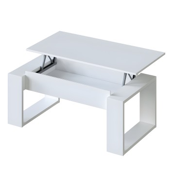 Mesa de centro blanca con tapa abatible y almacenamiento interno abierto mostrando mecanismo de elevación