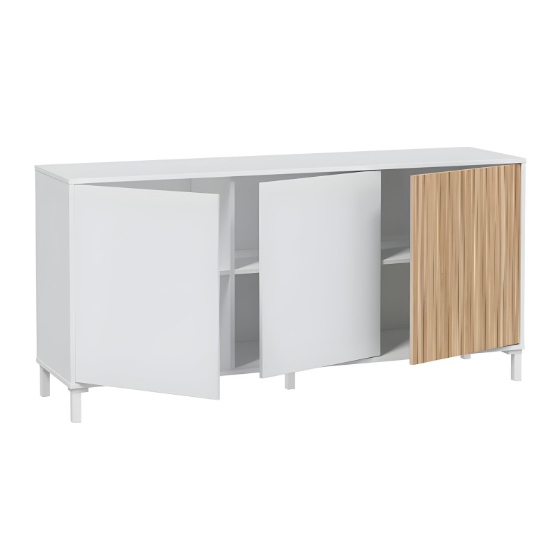 Aparador blanco y madera con puertas abatibles y frentes acanalados y patas metálicas