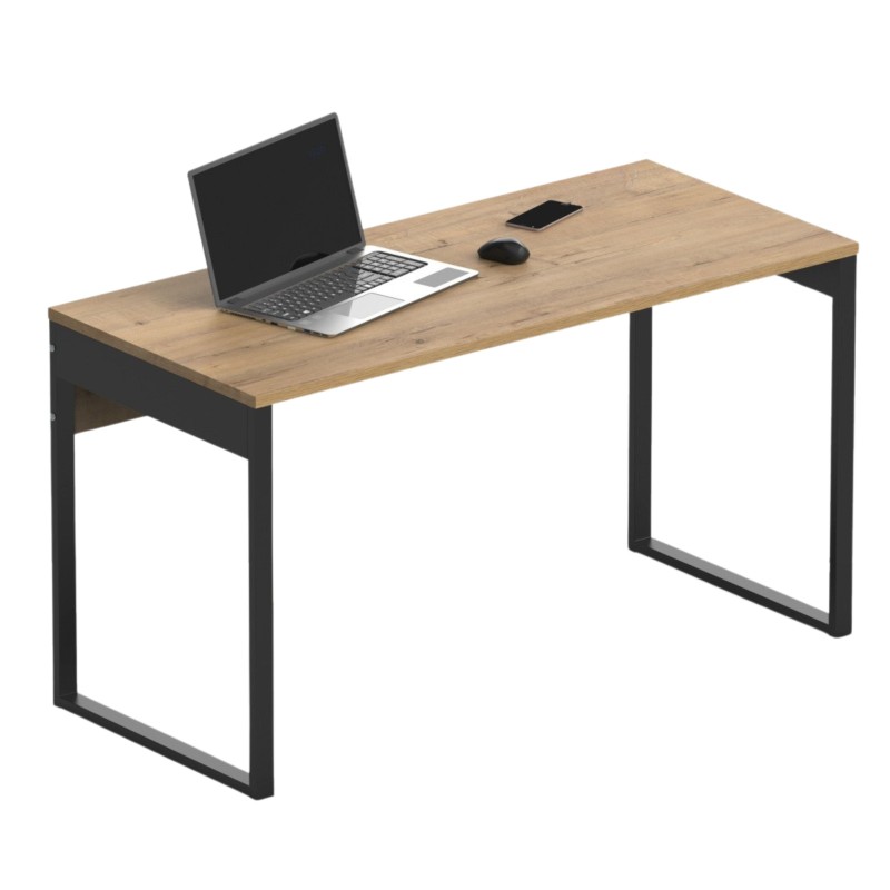 Escritorio industrial con tablero de madera clara y estructura metálica negra estilo loft