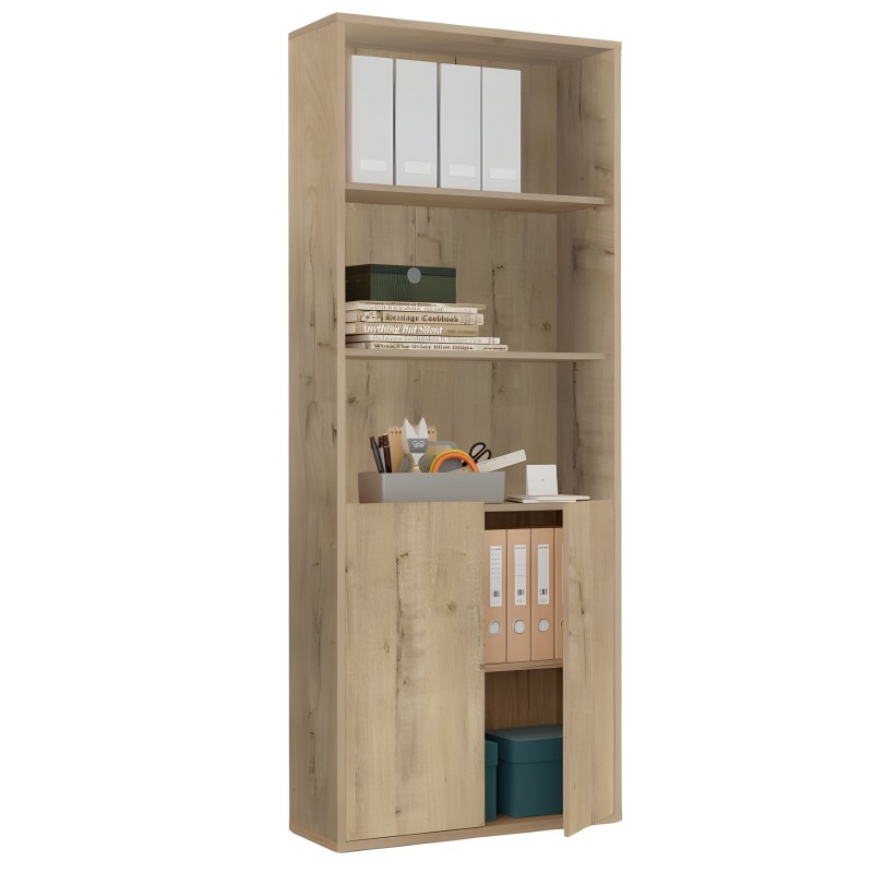 Estantería de madera clara con puertas acristaladas y compartimentos abiertos para libros y objetos decorativos