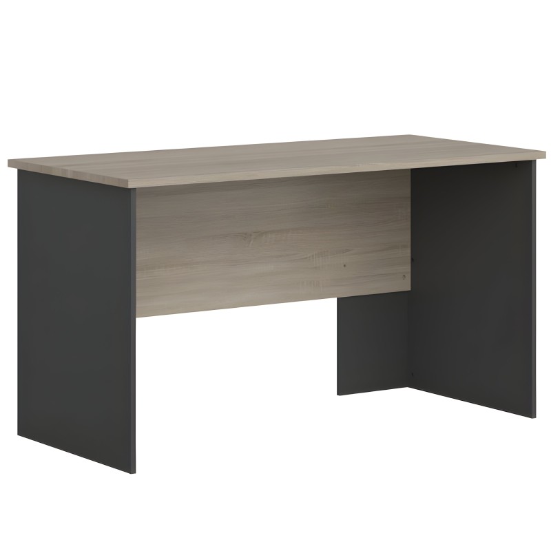 Escritorio rectangular con tablero gris claro y estructura lateral en negro mate