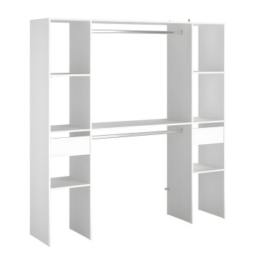 Estantería modular blanca con compartimentos abiertos y puertas correderas de vidrio y estructura metálica