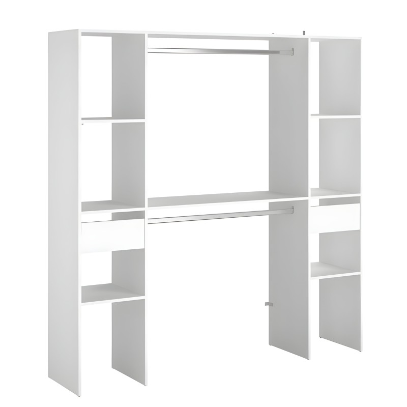 Estantería modular blanca con compartimentos abiertos y puertas correderas de vidrio y estructura metálica