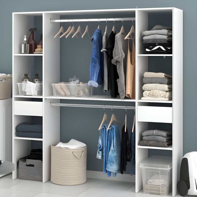 Armario abierto blanco con barras colgadoras y estantes con ropa y accesorios de almacenamiento