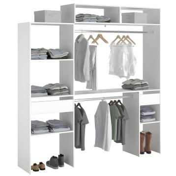 Armario modular blanco con estantes y barras de colgar organizando ropa y accesorios