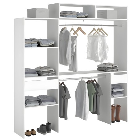Armario modular blanco con estantes y barras de colgar organizando ropa y accesorios