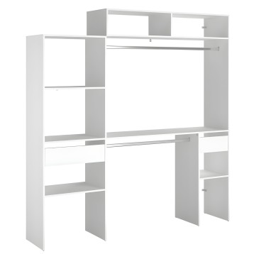 Estantería modular blanca y gris con múltiples compartimentos y estantes abiertos para almacenamiento