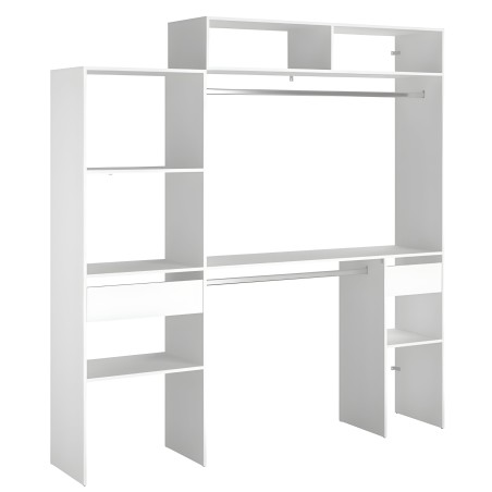 Estantería modular blanca y gris con múltiples compartimentos y estantes abiertos para almacenamiento