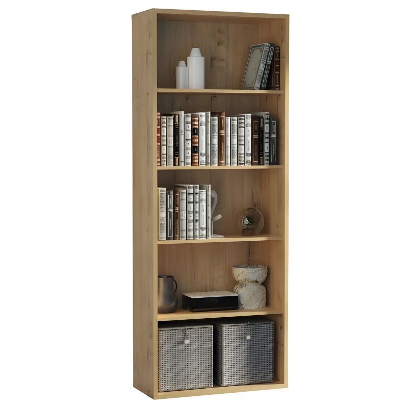 Estantería de madera clara con 5 estantes y 2 cestas de almacenamiento en base organiza libros y objetos decorativos