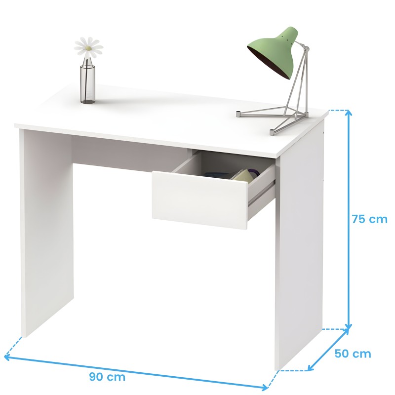 Escritorio blanco con cajón y patas rectas en vista de ambiente con lámpara verde y florero