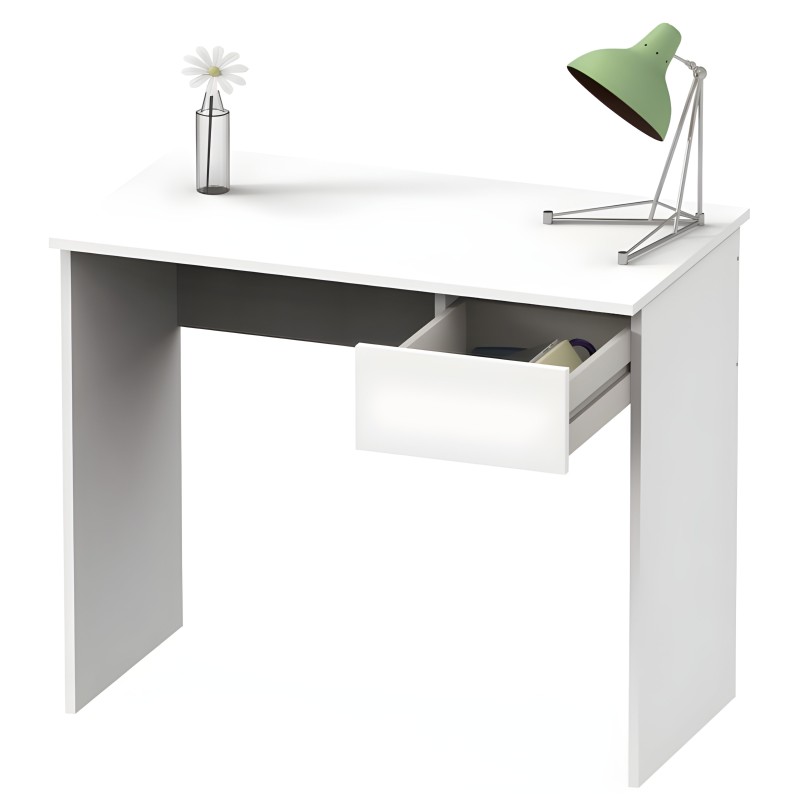 Escritorio blanco con cajón y hueco de almacenamiento en ambiente de trabajo con lámpara verde