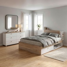 Dormitorio Matrimonio Izzy Con Almacenaje En Blanco Mate y Roble Kronberg (Cama+Cómoda)
