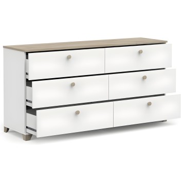 Cómoda de madera blanca con 6 cajones y tirador beige vista frontal con cajones abiertos