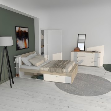 Cama de madera natural y blanca con almacenaje integrado en dormitorio moderno con pared verde