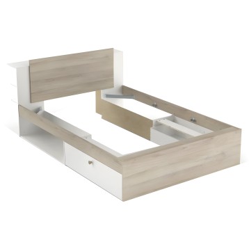 Cama con estructura en madera clara y lateral blanco con cajones de almacenaje integrados y cabecero tapizado