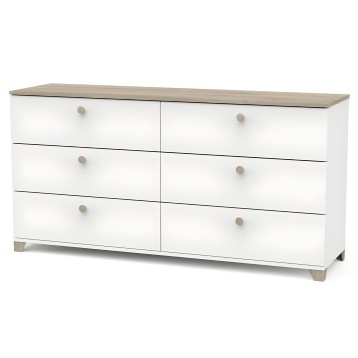 Cómoda blanca con seis cajones y tablero superior en madera natural con tiradores redondos beige