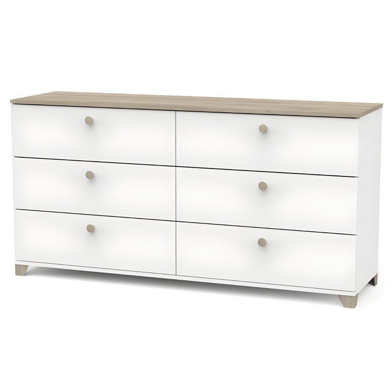 Cómoda blanca con seis cajones y tablero superior en madera natural con tiradores redondos beige