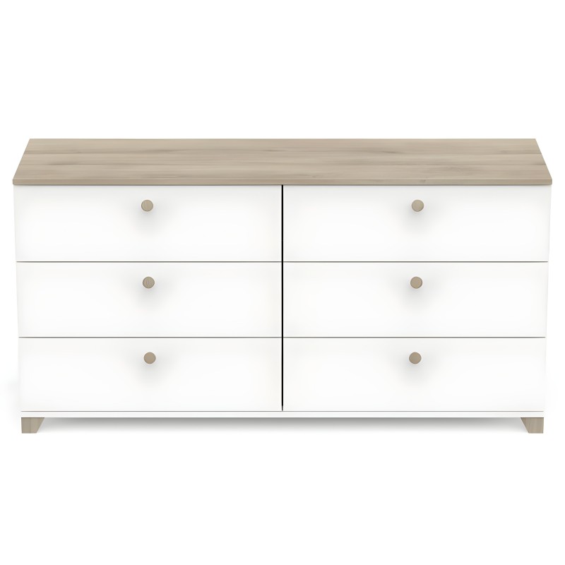 Cómoda blanca con seis cajones y tapa en madera clara con tiradores beige