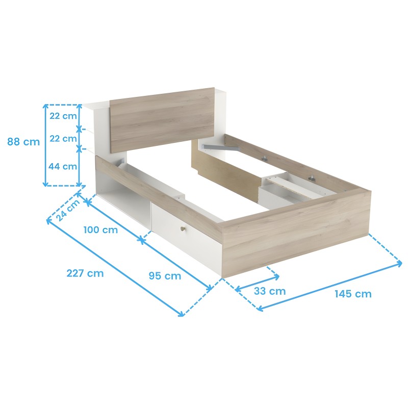 Cama con almacenaje en madera clara y blanco con cabecero acolchado y cajones bajo el somier