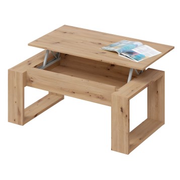 Mesa de centro elevable en madera clara con tapa abatible y almacenamiento interior