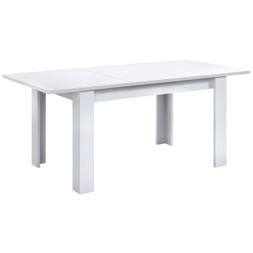 Mesa de comedor extensible blanca con tablero liso y patas cuadradas de madera maciza