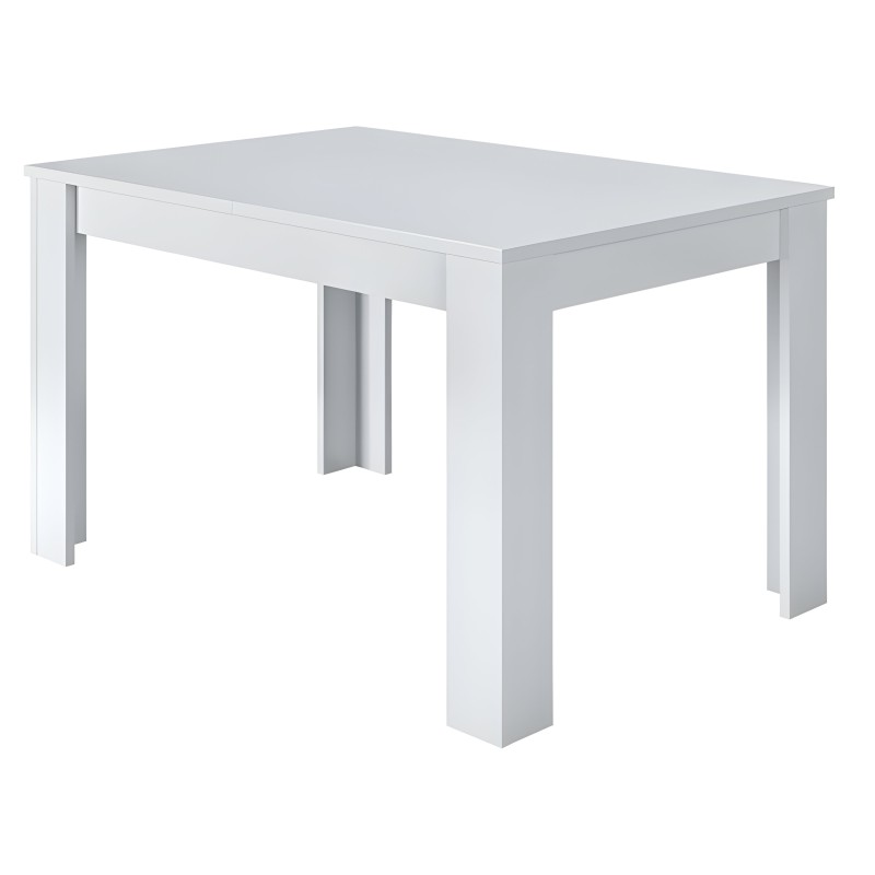 Mesa de comedor rectangular blanca con tablero gris y patas macizas de madera