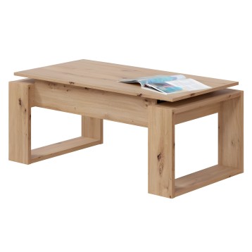 Mesa de centro de madera clara con tapa abatible y revistero lateral integrado