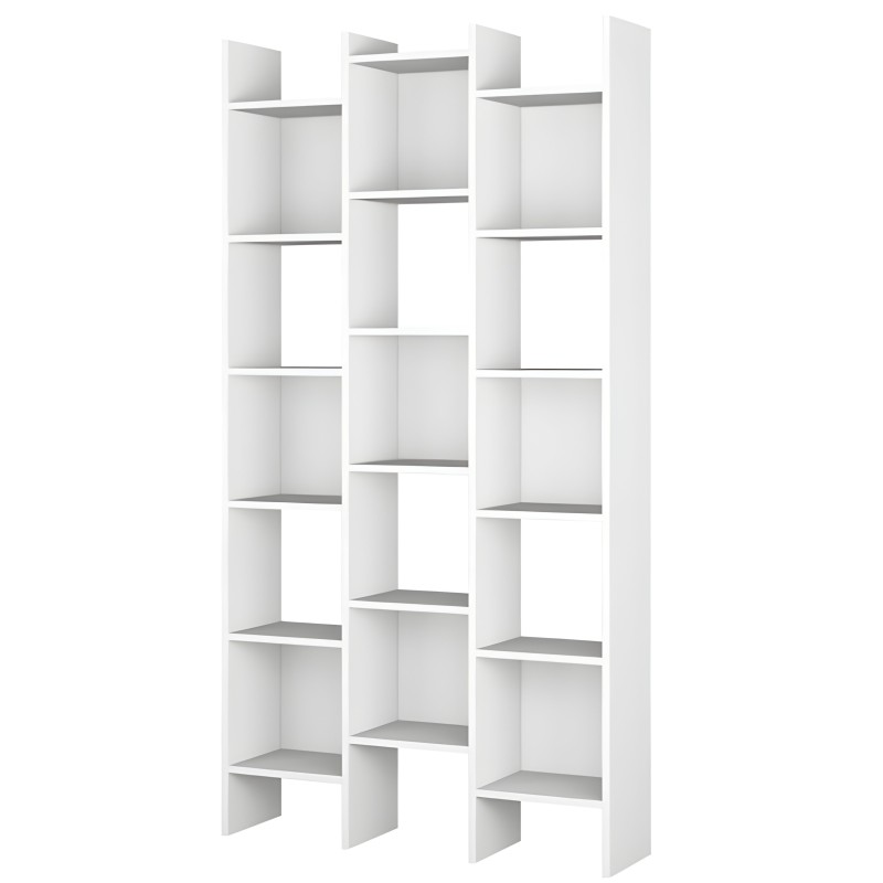 Estantería blanca con múltiples compartimentos y estantes grises en diseño asimétrico