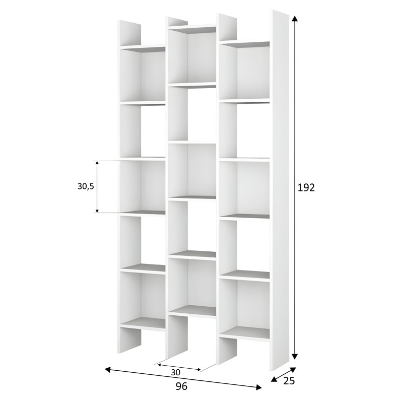 Estantería blanca de diseño escalonado con múltiples compartimentos y estantes grises en distribución asimétrica