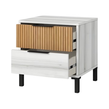 Mesita de noche blanca con cajón superior de madera natural acanalada y patas negras