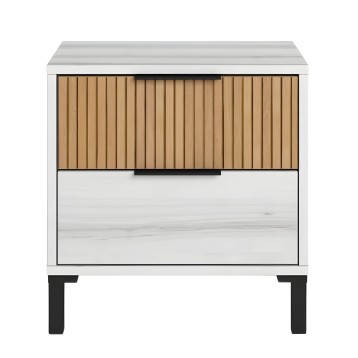 Mesita de noche blanca con puertas de madera natural y patas negras estilo nórdico
