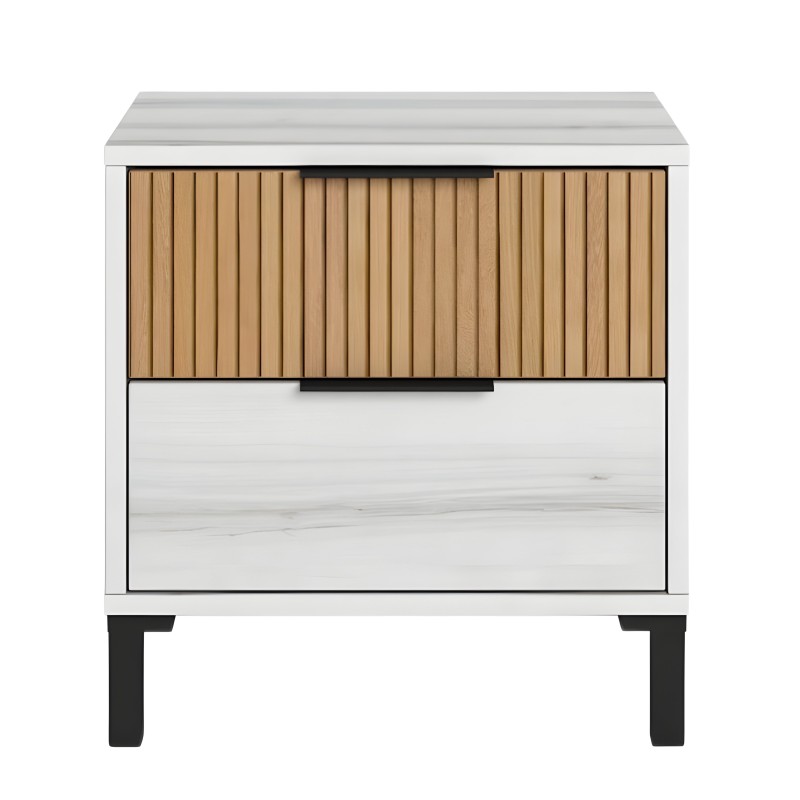 Mesita de noche blanca con puertas de madera natural y patas negras estilo nórdico