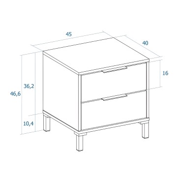 Mesita de noche con dos cajones y patas de madera vista en perspectiva técnica