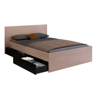 Cama de madera con cajón negro de almacenamiento y respaldo tapizado