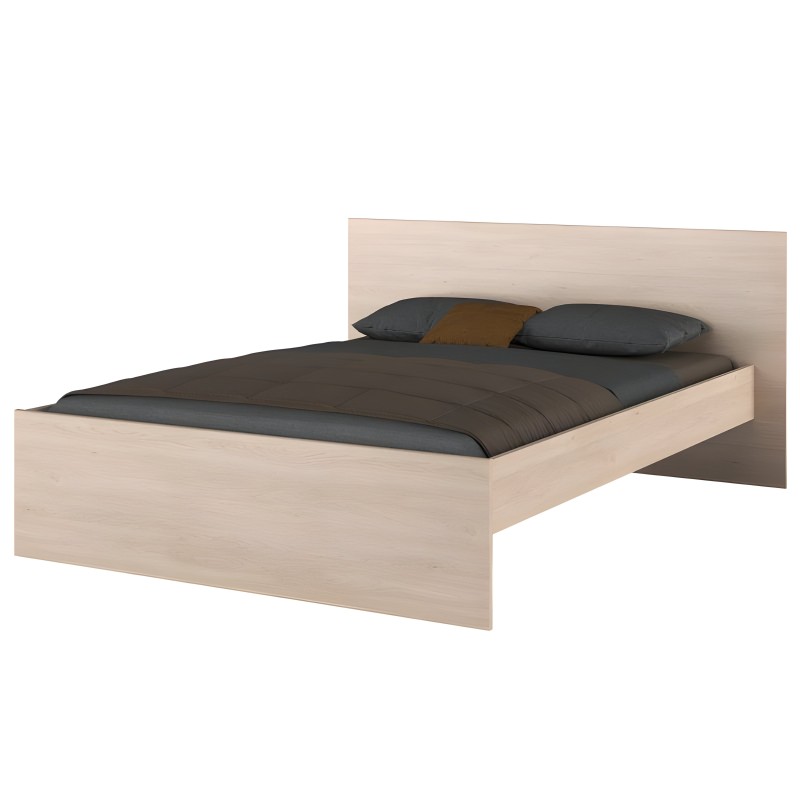 Cama de madera clara con cabecero y ropa de cama gris oscuro con almohada ocre