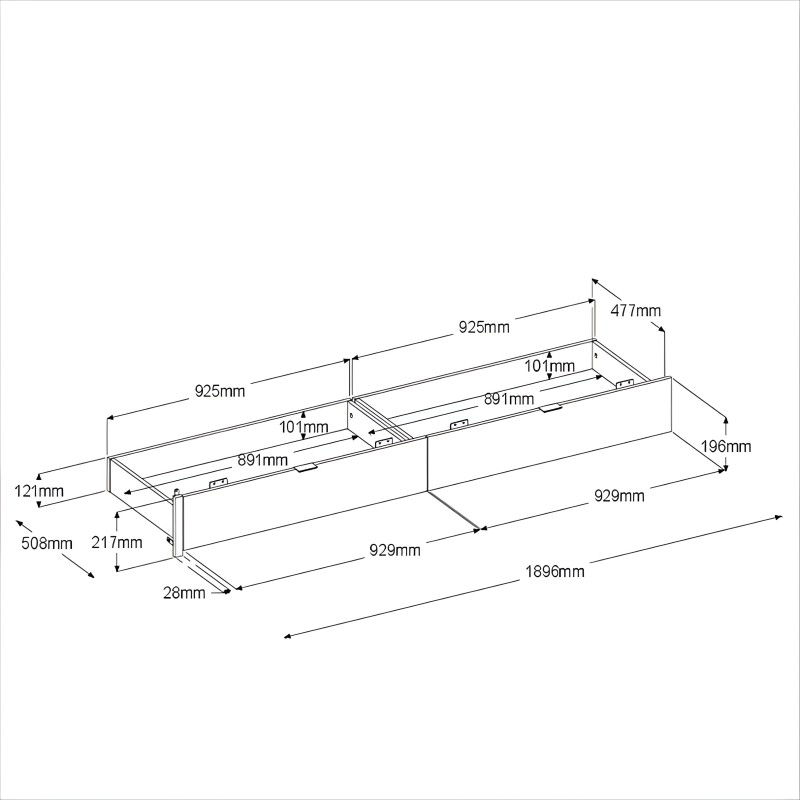 Cama doble con estructura metálica y cajones de almacenamiento integrados vista en perspectiva técnica