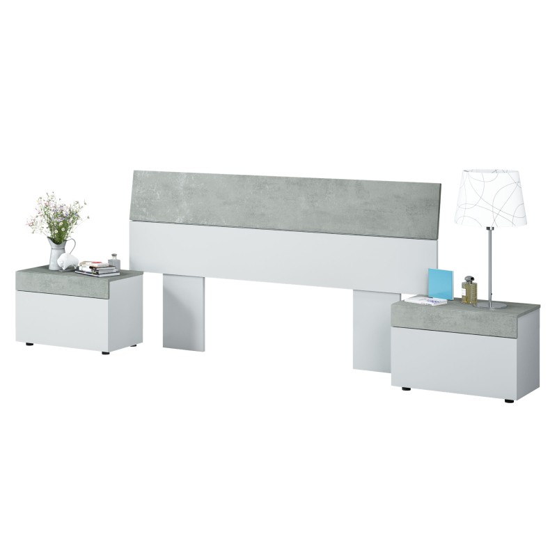 Cama doble con cabecero bicolor gris y blanco y dos mesitas de noche a juego en ambiente decorado