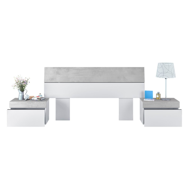 Cama con cabecero bicolor gris y blanco con mesitas de noche a juego en ambiente decorado