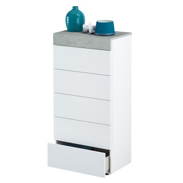 Cajonera blanca con encimera gris y accesorios decorativos azules en la parte superior
