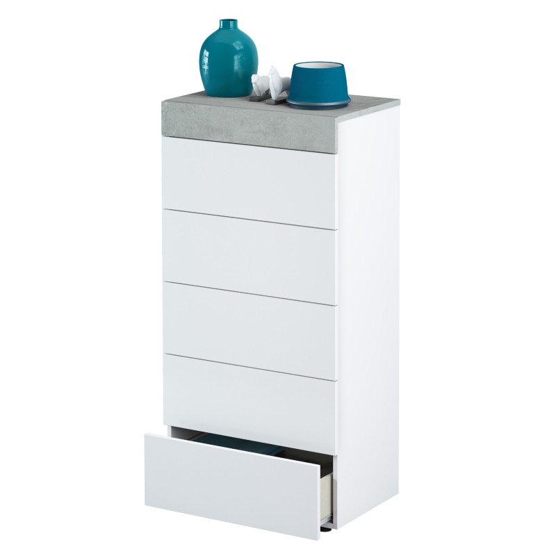 Cajonera blanca con encimera gris y accesorios decorativos azules en la parte superior