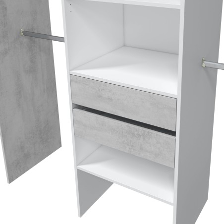 Armario blanco con puerta gris hormigón y dos cajones grises con tiradores metálicos vista interior