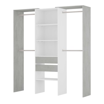 Closet modular blanco y gris con barras colgantes y estantes ajustables en el centro