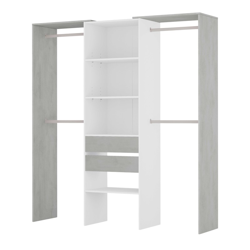 Closet modular blanco y gris con barras colgantes y estantes ajustables en el centro