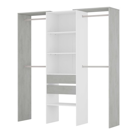 Closet modular blanco y gris con barras colgantes y estantes ajustables en el centro