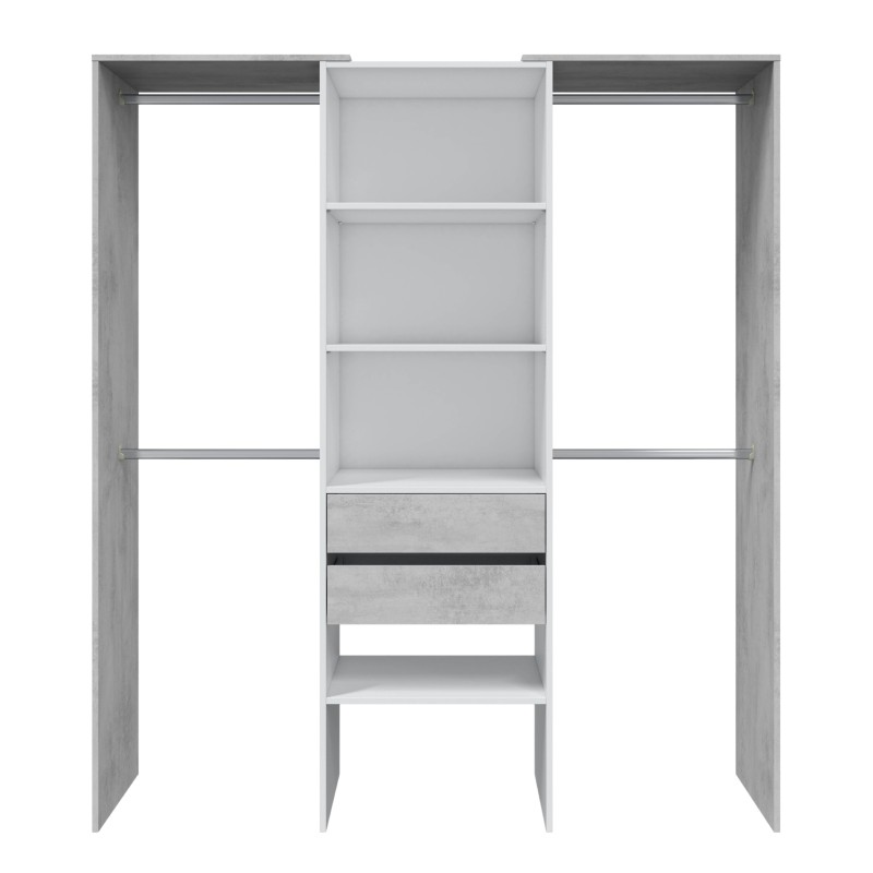 Armario abierto modular gris y blanco con estantes centrales y cajones inferiores vista frontal