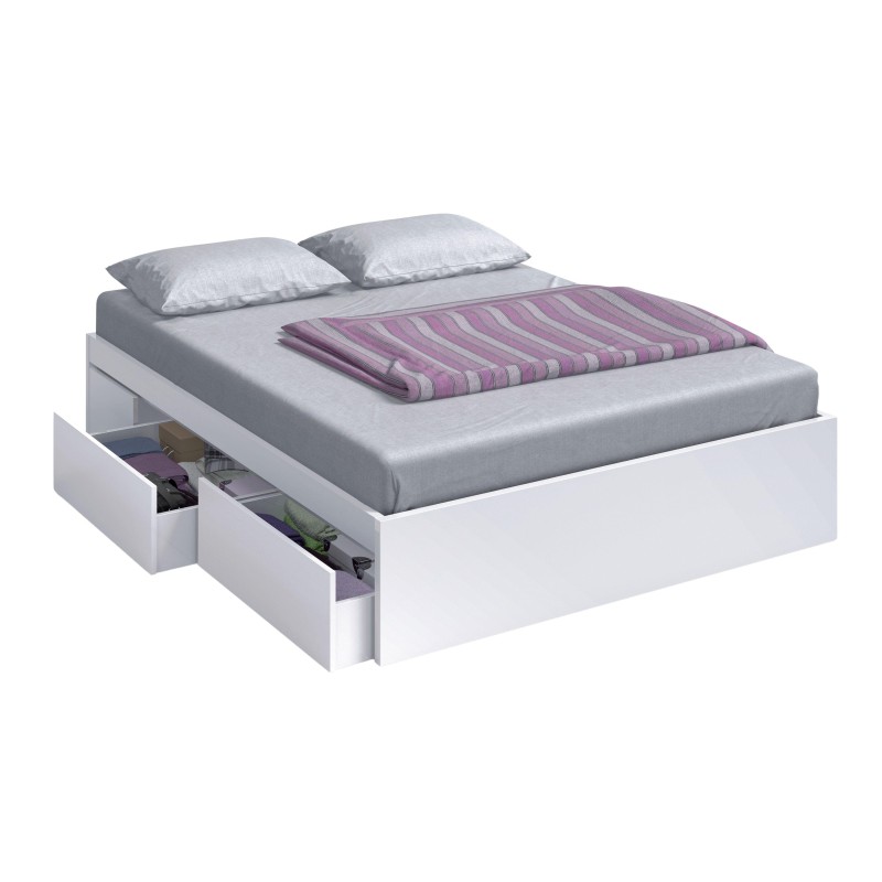 Cama matrimonial blanca con cajones de almacenamiento y colchón gris con dos almohadas y manta a rayas moradas