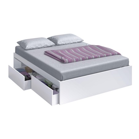 Cama matrimonial blanca con cajones de almacenamiento y colchón gris con dos almohadas y manta a rayas moradas