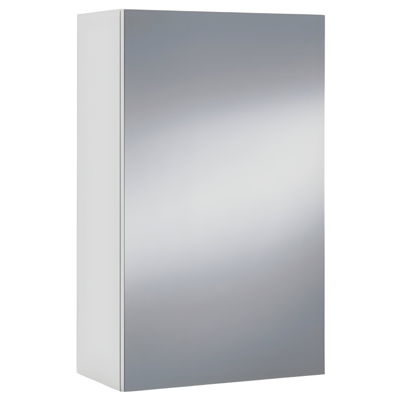 Armario de pared blanco y gris con puerta espejo y marco cromado