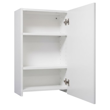 Armario blanco con puerta abierta y tres estantes ajustables interiores y herrajes plateados
