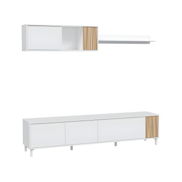 Conjunto de mueble TV blanco con puertas y detalles en madera natural y estantes flotantes